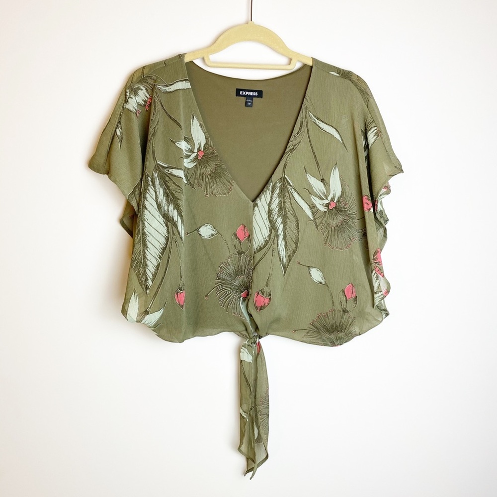 Express Green Floral Cropped Blouse Top Large